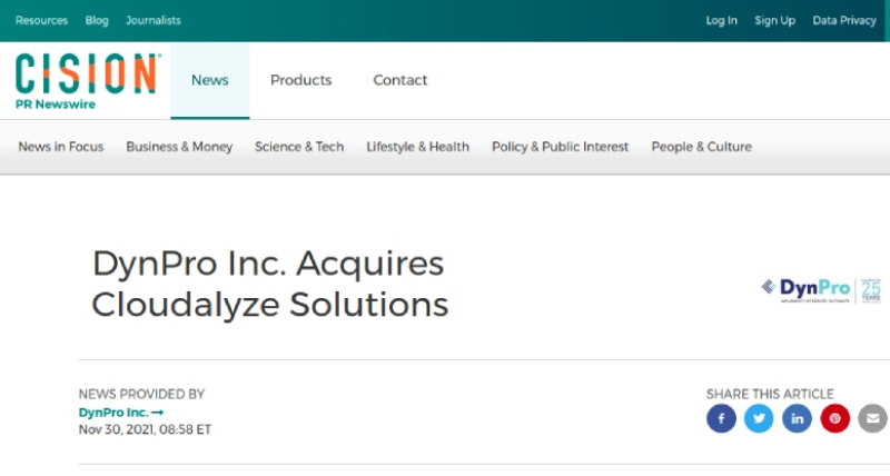 DynPro Inc. Acquires Cloudalyze Solutions